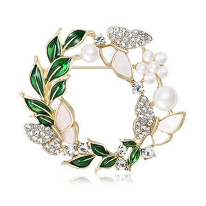 Broche Couronne en Alliage Doré Élégante Avec Feuilles Émaillées Vertes Künstliche Perles Blanches Papillon Strass Pour Bijoux de Mariage