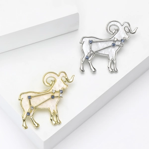 Korean Aries Constellation Ram Brooch Alloy White Enamel Blue Rhinestone Pin For Women Men Fashion Jewelry Accessory Gift