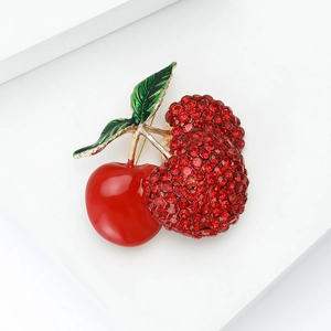 Cute cherry brooch with sparkling red rhinestones and gold alloy leaves for women