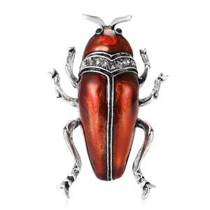 Broche scarabée vintage avec émail rouge et strass blancs brillants sur métal argenté