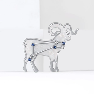 Minimalist silver Aries zodiac constellation brooch with pearl inlay and blue crystals