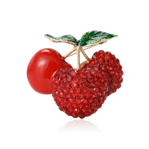 Cartoon Cute Cherry Fruit Brooch Pin Rhinestone Alloy Enamel Lapel Pin Red Gold Green Jewelry Gift For Women Girls Clothes Decoration