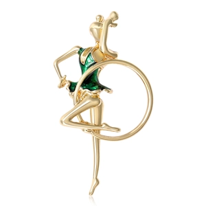 Broche gymnaste artistique en métal doré avec revêtement en émail vert brillant