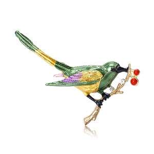 Elegante Legering Emaille Vogel Broche Op Tak Met Rode Kunstparel Bessen En Strass Voor Dames Pak Jurk Accessoire