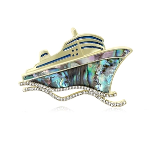Vintage Gold Legierung Kreuzfahrtschiff Brosche Mit Natürlicher Abalone-Muschel Und Strass Für Damen Nautischer Anstecknadel Schmuck