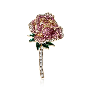 Elegant rose flower brooch in gold alloy with pink rhinestones and green enamel
