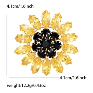 Luxury rhinestone sunflower brooch with yellow gemstones and gold alloy base, 4.1cm size