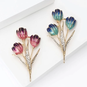 Elegant tulip flower brooches with colorful enamel and sparkling rhinestones on gold finish