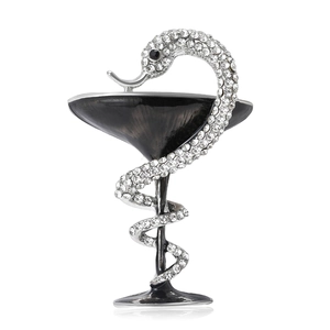 Elegant silver snake and cup brooch with sparkling rhinestones and black enamel detailing