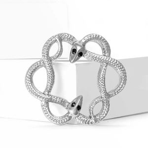 Silver double snake circular brooch with detailed scales and black zircon stone eyes