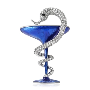 Elegant Hygieia cup snake brooch with blue enamel and sparkling rhinestones for suits