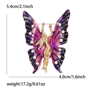 Détails de la broche papillon en émail violet avec dimensions et strass brillants