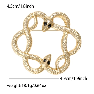 Golden double snake circular brooch with black gemstone eyes, size 4.9cm x 4.5cm