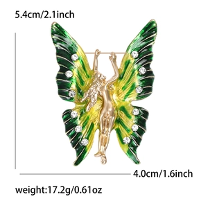 Broche fée papillon de luxe en émail avec métal doré et diamants brillants de 5,4 cm