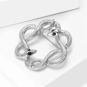 Detail of silver snake circular brooch with intricate scales and black gemstone eyes