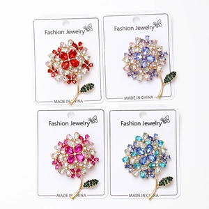 Detailed set of hydrangea brooches in red, blue, pink and purple with crystal accents