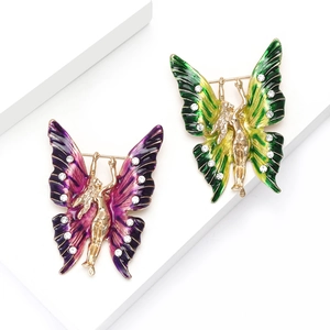 Broche fée papillon de luxe en émail avec strass et alliage en violet et vert