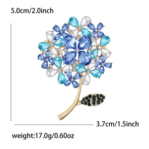 Size chart showing dimensions for the blue hydrangea flower brooch with crystals