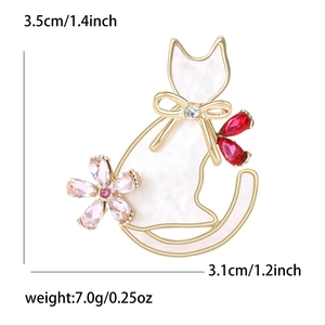 Cute white cat brooch with gold trim and pink crystal flower jewelry for women