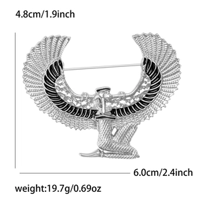 Detailed view of silver Egyptian goddess brooch with wings, size 6.0cm by 4.8cm
