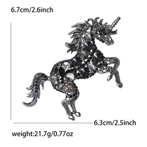 Detailed size specifications for the rhinestone unicorn brooch with dimensions in inches