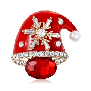 Broche Bonnet de Père Noël en Alliage Émail Rouge Strass Flocon de Neige Avec Grande Pierre Rouge et Künstliche Perle Bijoux pour Femme Homme