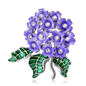Elegant purple hydrangea flower brooch with enamel coating and sparkling rhinestones