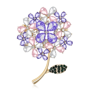 Elegant gold flower brooch with purple crystal hydrangea petals and diamond leaves