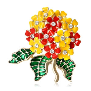 Elegant floral hydrangea brooch with red and yellow enamel flowers and crystals