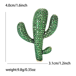 Spilla a cactus in cristallo verde scintillante con lega dorata, misura 4,0 x 3,1 cm