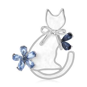 Cute silver cat brooch with white resin inlay and blue crystal flower decoration