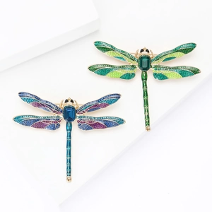 Exquisite enamel dragonfly brooch with rhinestones and emerald green crystal gems