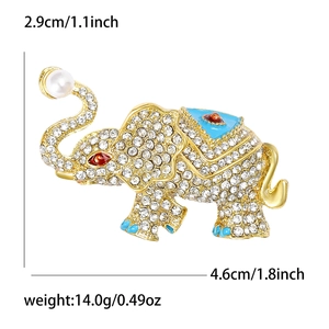 Luxury rhinestone elephant brooch with blue enamel and pearl, size 4.6cm by 2.9cm