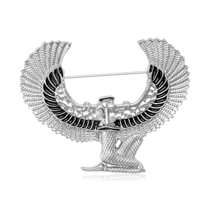 Vintage Egyptian goddess wing brooch in silver metal with fine feather detail for suits
