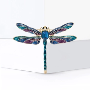 Exquisite gold dragonfly brooch with blue rectangle stone and colorful enamel wings