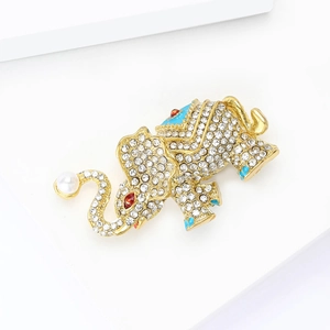 Luxury elephant brooch with white rhinestones, blue enamel, and pearl on gold base