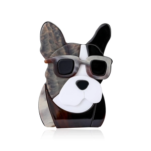 Spilla Creativa a Forma di Bulldog Francese per Donna Spille in Acrilico Lucido con Cane con Occhiali da Sole per Decorazione di Abiti e Cappotti Gioielli di Moda