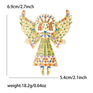 Detailed view of enamel angel brooch with dimensions 6.9cm height and 5.4cm width