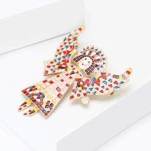 Artistic angel brooch with colorful enamel mosaic patterns on a gold alloy base