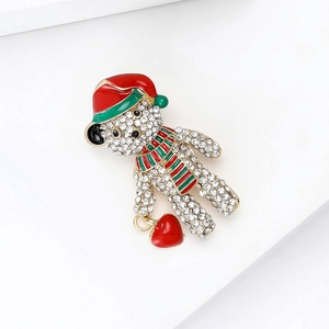 Sparkling Christmas bear brooch with red enamel hat and green scarf for festive outfits