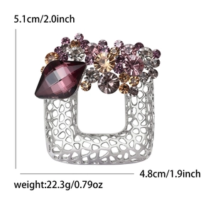 Hollow square alloy brooch with purple and brown rhinestones in silver finish