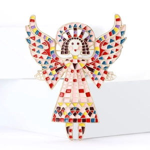 Artistic angel girl brooch with colorful enamel mosaic wings in gold finish