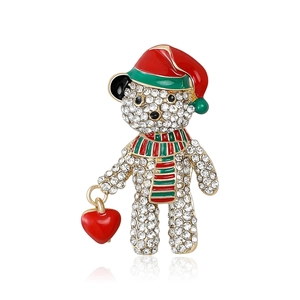 Alloy Rhinestone Enamel Christmas Bear Brooch Cute Animal Heart Corsage Pin For Women Men Holiday Party Clothing Jewelry Decoration