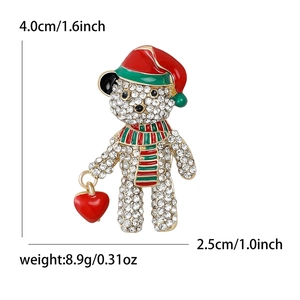 Creative Christmas bear brooch with crystals and enamel heart charm in 4.0x2.5cm size