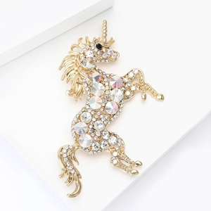 Exquisite gold unicorn brooch pin with sparkling crystals and rhinestones for clothes