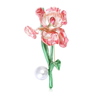 Broche iris français vintage avec pétales en émail rose, pierre rouge et perle fine