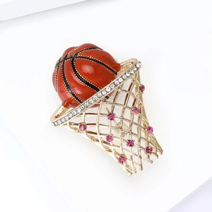 Broche de canasta de baloncesto dorado con esmalte naranja y pedrería brillante