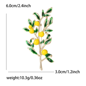 Exquisite lemon tree brooch with green enamel leaves and yellow fruits on gold plating