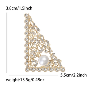 Elegant hollow triangle brooch with white pearl and rhinestones in gold-plated alloy