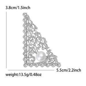 Elegant triangular rhinestone and pearl brooch with size dimensions 3.8cm by 5.5cm